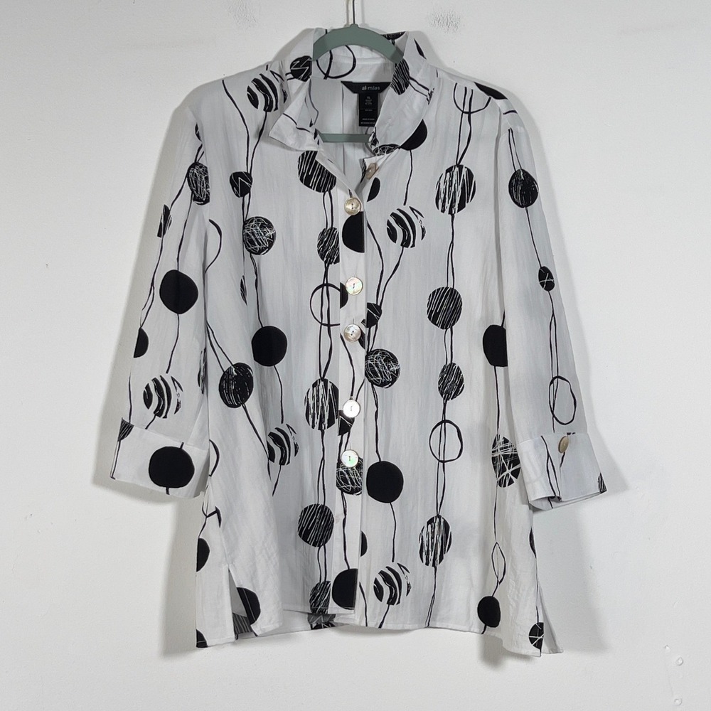 Ali Miles Button Up Tunic Women XL White Black Abstract Circle 3/4 Sleeve Blouse